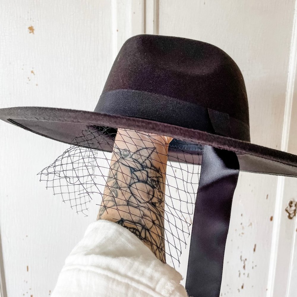 Goth Witch Felt Wide Brim Hat with Veil and Satin Ribbons